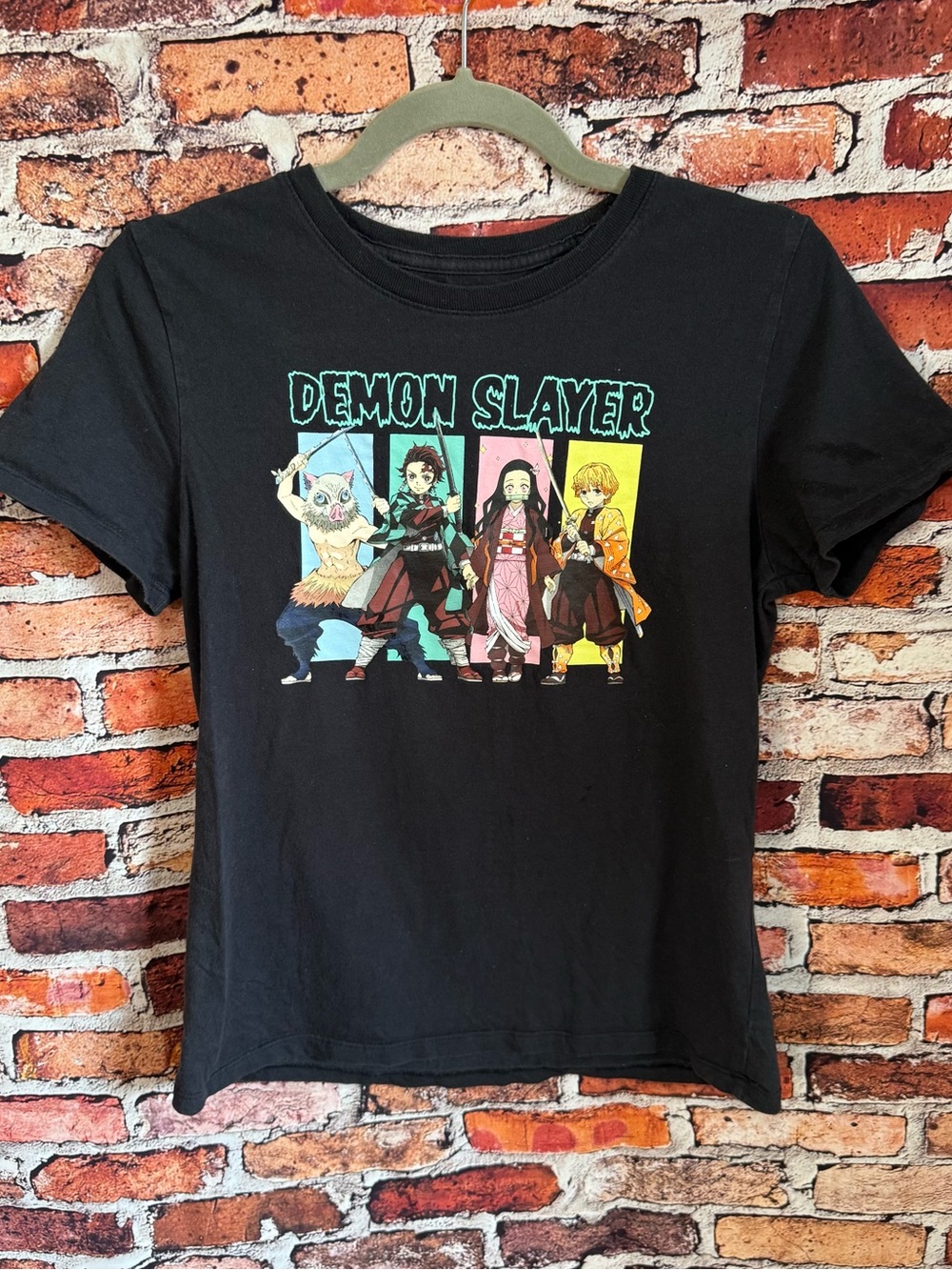 Demon Slayer Black Graphic Tee with Colorful Character Print Size XS